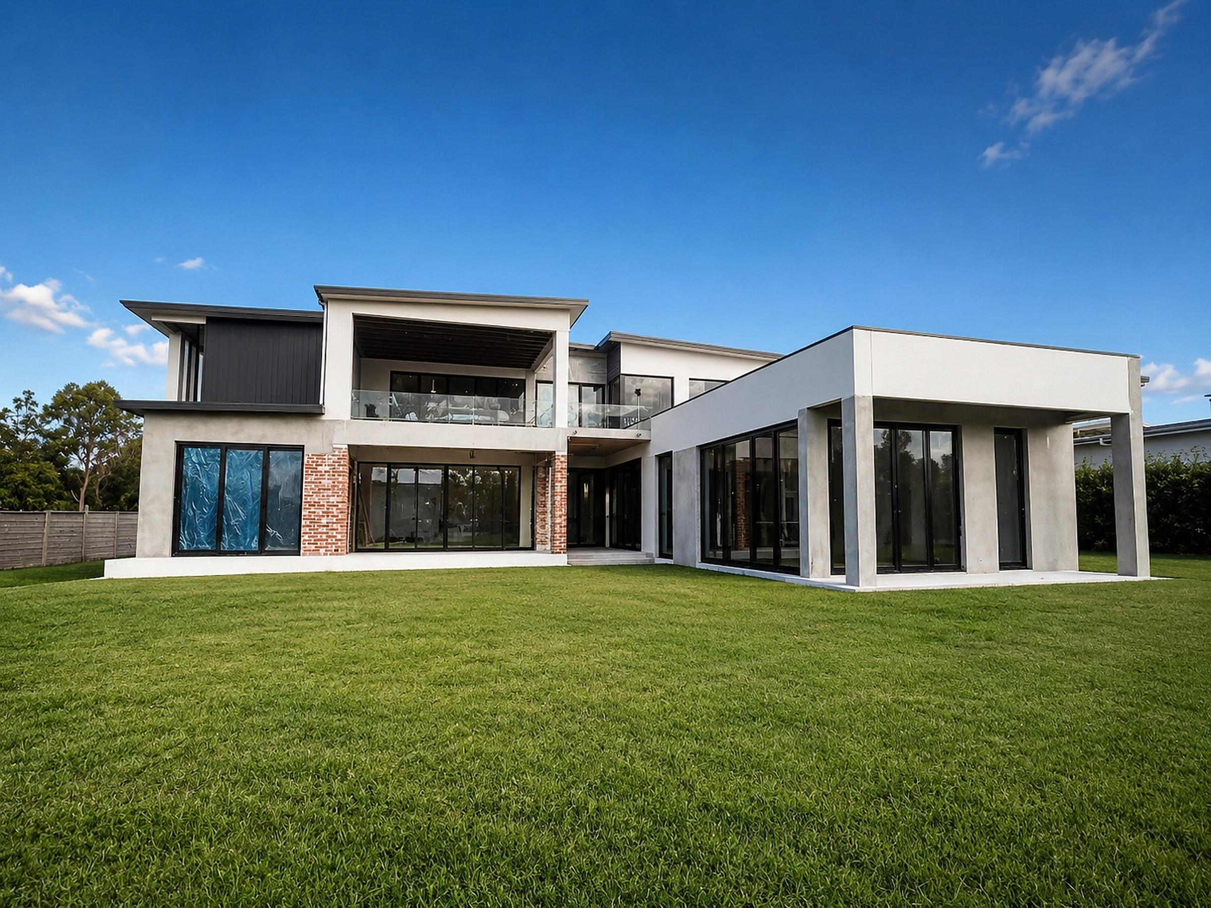 Two-storey home with glazing installed across the rear elevation