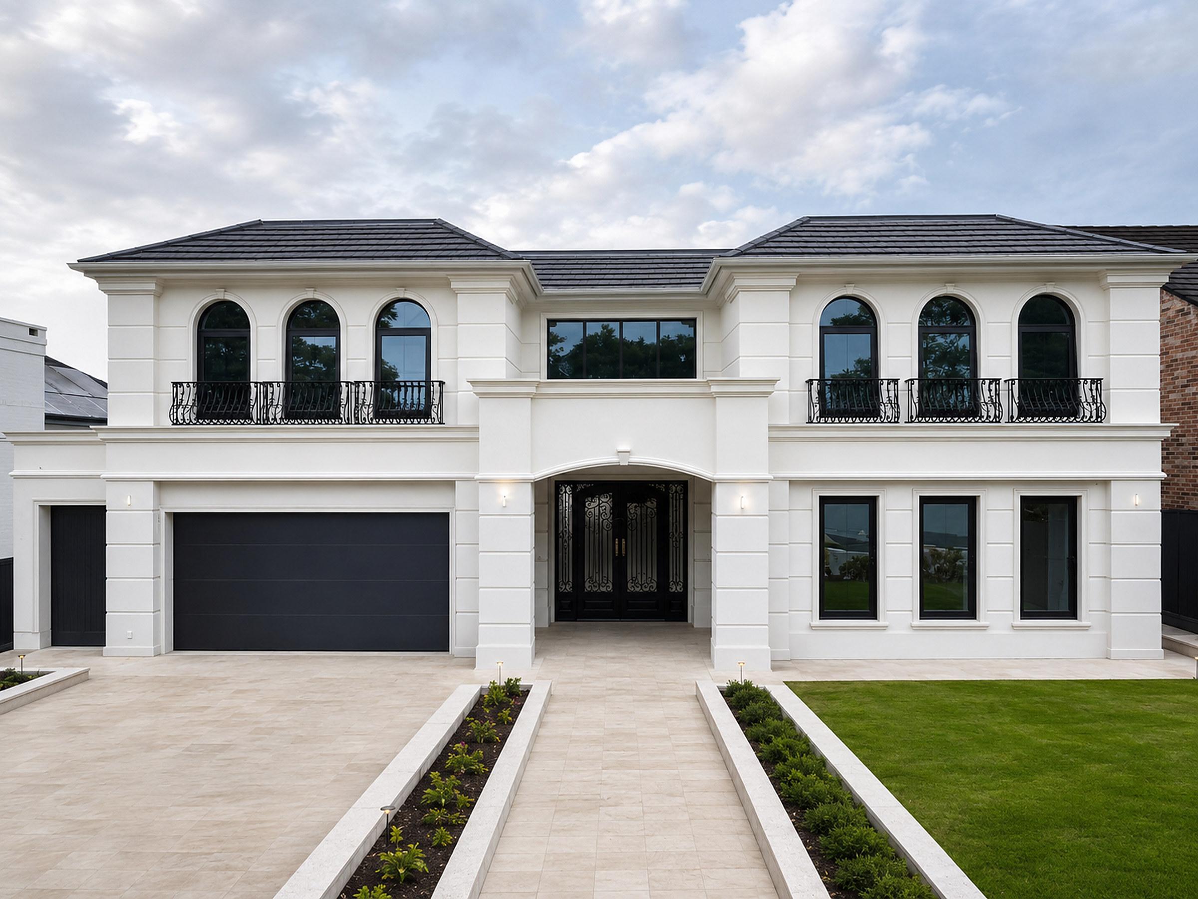 Arched windows in a rendered facade with classical proportions