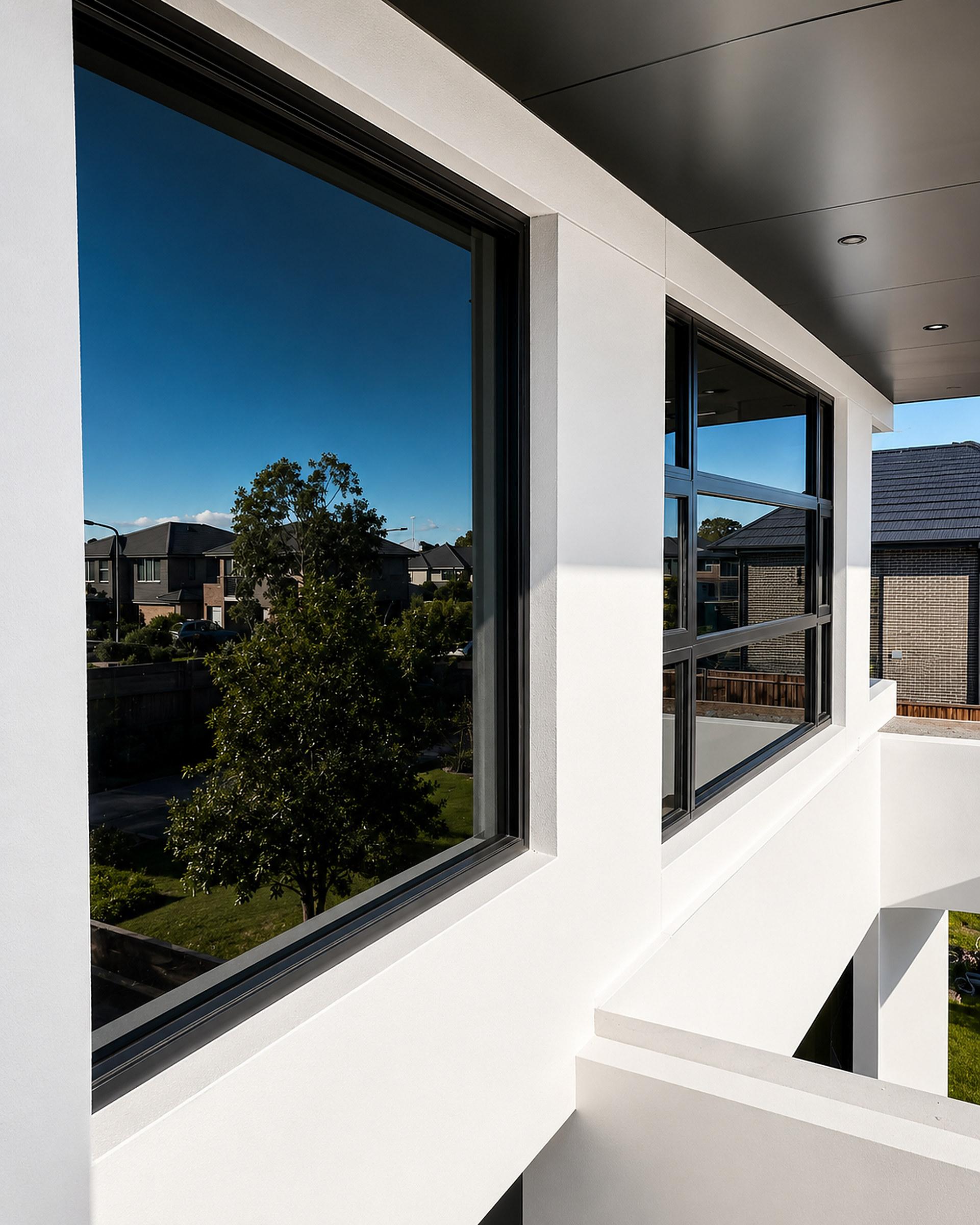 Fixed picture window framing a suburban outlook from an upper floor