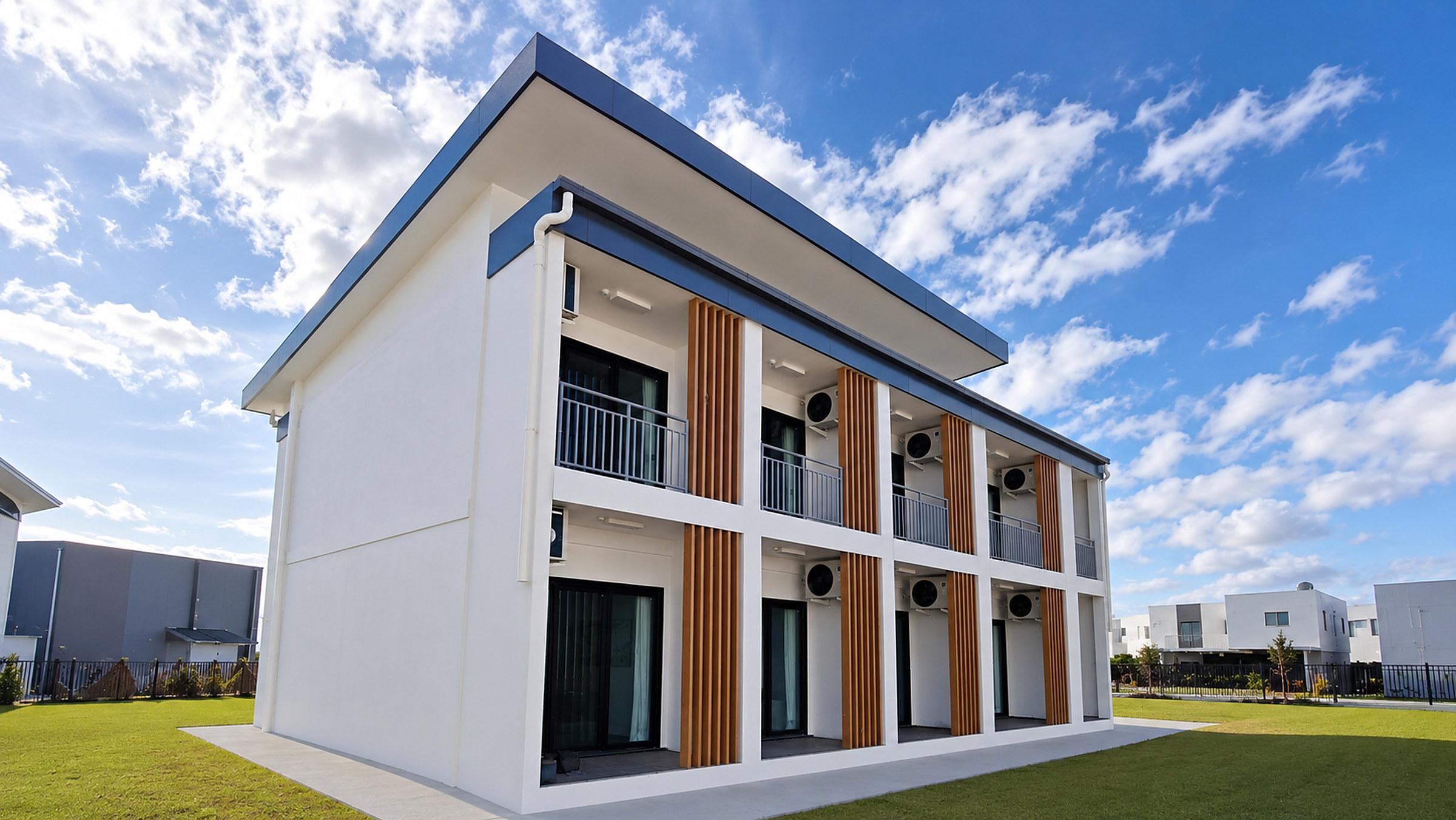 Multi-unit townhouse row with glazing installed across the whole frontage